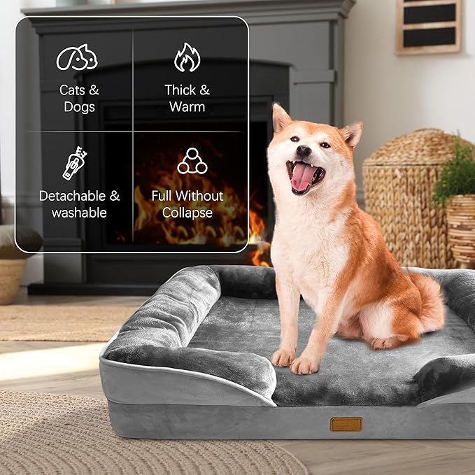 Orthopedic Dog Bed with Sides - Dog Sofa Beds for Large Dogs, Supportive Foam Pet Couch Bed with Washable Removable Cover, Waterproof Lining and Non-Slip Bottom, Grey - L