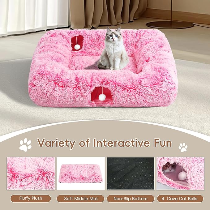 Extra Large Cat Tunnel Bed, 4 Ways Tunnels for Indoor Cats, Multi-cat Family Pet Bed & Cave, Plush Cat Donut with Washable Middle Mat, Exit Balls, Pet Play Toy for Kitten Puppy Rabbit, Pink