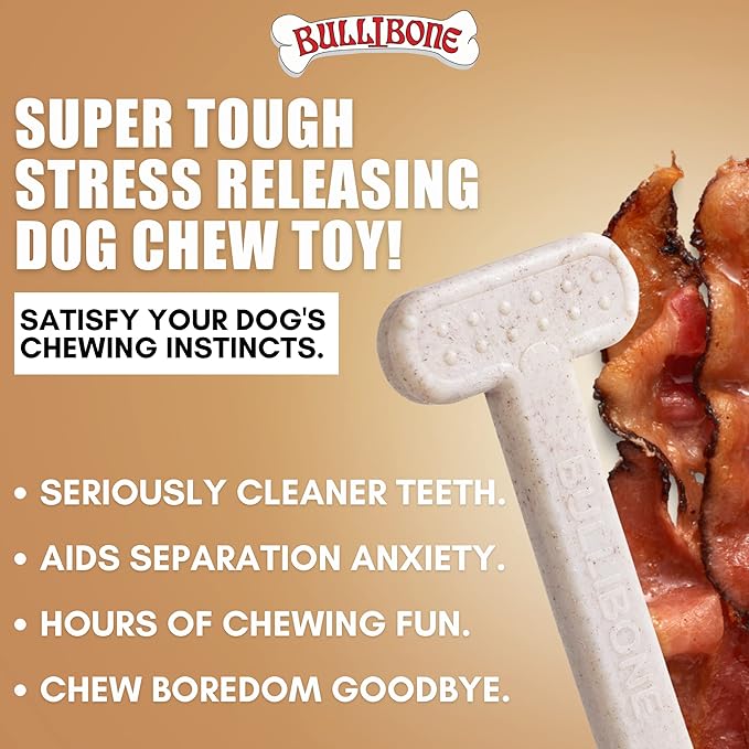 Bullibone Nylon Dog Chew Toy for Aggressive Chewers - Dental Hygiene Bone with Bacon Flavor, Durable Tough Chew Toys for Large Dogs, Indestructible Dog Bone - 3 Pack