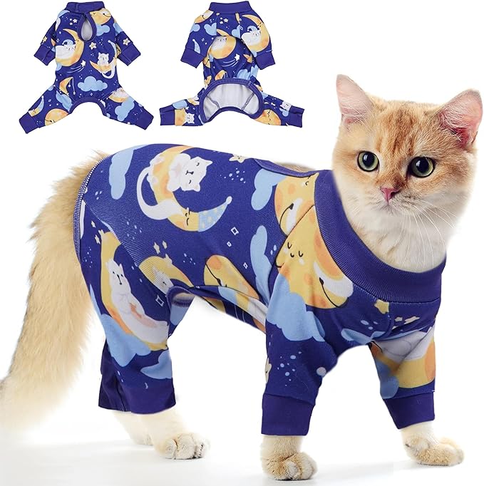 PUMYPOREITY Cat Recovery Suit, Stops Wound Licking After Surgery, Sticky Hair Shirt with Sticky Fabric, Cat Pajamas Prevents Over-Grooming, Kitten Onesie - Soft & Machine Washable, Blue, XS