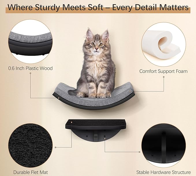 Cat Wall Shelves Set - Curved Wall Foam Bed and 2 Floating Wall Grey Steps, Wall Mounted Cat Climbing Shelves for Sleeping, Playing, and Lounging