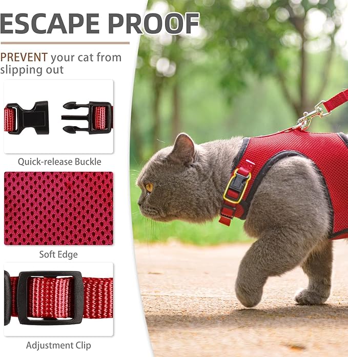 PUPTECK Soft Mesh Cat Vest Harness and Leash Set Puppy Padded Pet Harnesses Escape Proof for Cats Small Dogs, Red Small