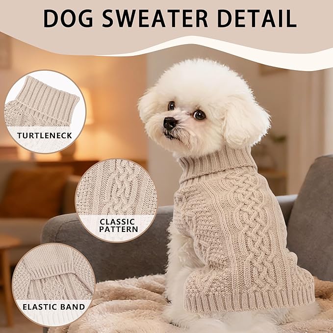 Dog Sweaters Small Dog Clothes Winter Turtleneck Puppy Sweater Warm Pet Cat Sweater Doggy Pullover Outfit with Twisted Design XS~XL(Beige, Large)
