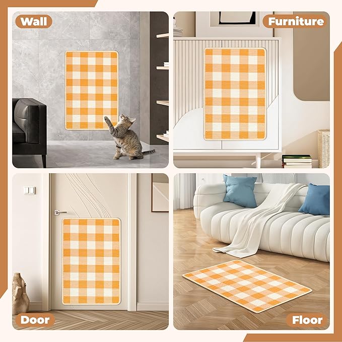 Cat Scratcher Mat, 23.6x15.7 Inch Natural Sisal Cat Scratch Pad, Horizontal Cat Scratching Pad Rug for Indoor Cats with Sticky Tapes, Protect Couch & Carpets（Orange White）