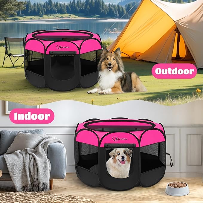 Dog Cat Playpen, Large Puppy Pet Playpen, Dog Crate Tent Cage Indoor/Outdoor, Portable Pop Up Dogs Kennel Playpen with Carrying Case for Dogs/Cats/Rabbits, Hot Pink