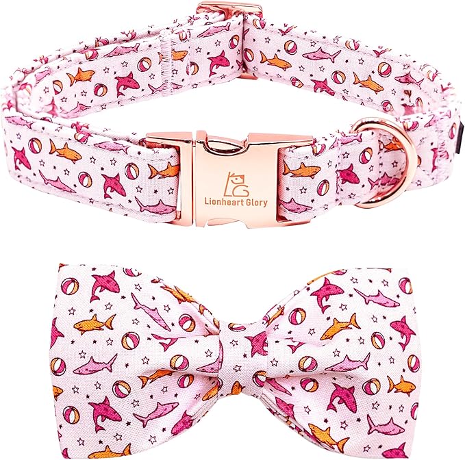 Lionheart glory Dog Collar Shark Print Dogs Bow Collar Adjustable Soft Pink Dog Collars Male or Female Summer Spring Collars with Bowtie for Small Dogs Puppy