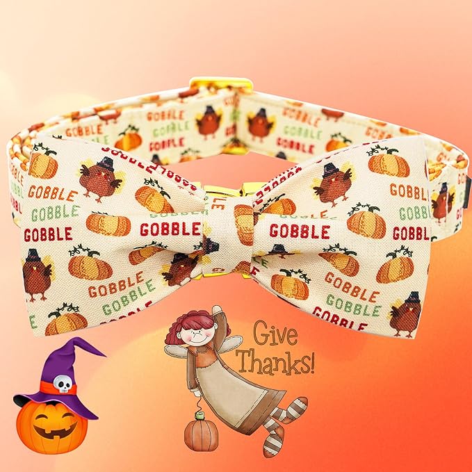 Dog Collar, Thanksgiving Turkey Pet Collar Bow Holiday Girl Boy Puppy Collar Adjustable for Large Dogs