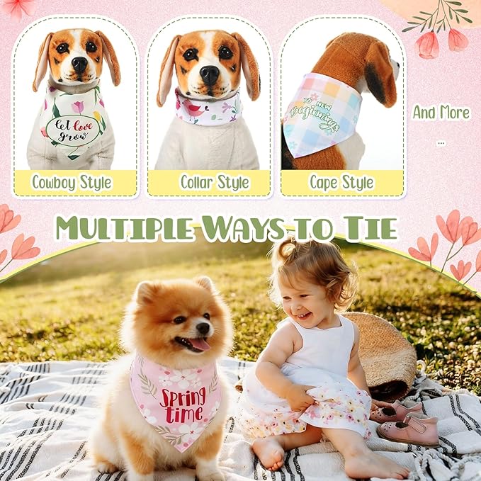 Kacctyen 50 Pcs Spring Dog Bandanas Bulk Bandanas for Dogs Grooming with Spring Flowers Bees Adjustable Pet Triangle Scarf Bib Washable for Small Medium Large Puppy Cats Pets Costume Accessories