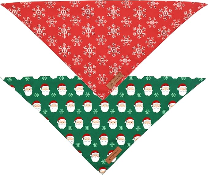 Realeaf Christmas Dog Bandanas 2 Pack, Snowflake and Santa Claus Dog Scarf for Boy and Girl, Premium Durable Fabric, Holiday Red and Green Bandana for Large and Extra Large Dogs Cats Pets (X-Large)