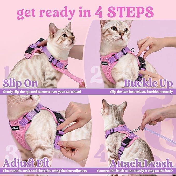 rabbitgoo Cat Harness and Leash for Walking, Escape Proof Soft Adjustable Vest Harnesses for Cats, Easy Control Breathable Reflective Strips Jacket, Pink & Purple, XXS