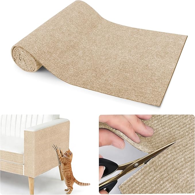 cat Scratching mat Self-Adhesive, Trimmable Furniture Protector for Couch, Sofa, Wall & Cat Trees - Durable Scratch Pad with Nano Tape, DIY Climbing Carpet for Indoor Cats(Khaki, 39.3"x15.8")