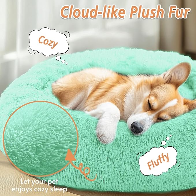 JOLLYVOGUE Calming Dog Bed Large Size Dog, Anti-Anxiety Donut Large Pet Bed, 36 inches Fluffy Faux Fur Round Cat Bed, Fits up to 75 lbs Pets (Mint Green)