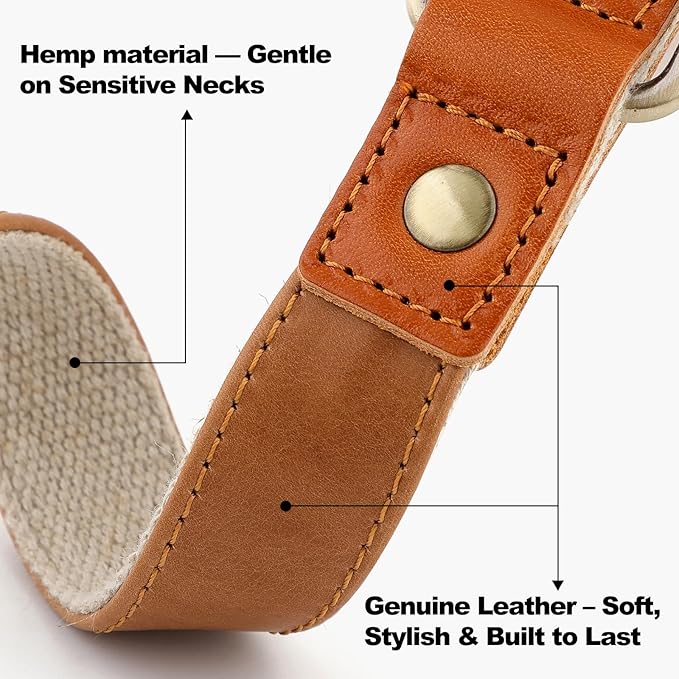 Plutus Pet Genuine Leather & Hemp Dog Collar – Adjustable Heavy Duty Pet Collar with Quick Release Metal Buckle, Soft & Stylish for Puppy and Small, Medium, Large Dogs (Light Brown, S)