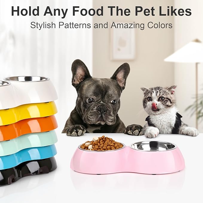Stainless Steel Dog Bowls Set – Dual Non-Slip Pet Dishes with 2 Small (4oz*2) Bowls & Durable Resin Stand,Food & Water Feeder for Kittens– Pink