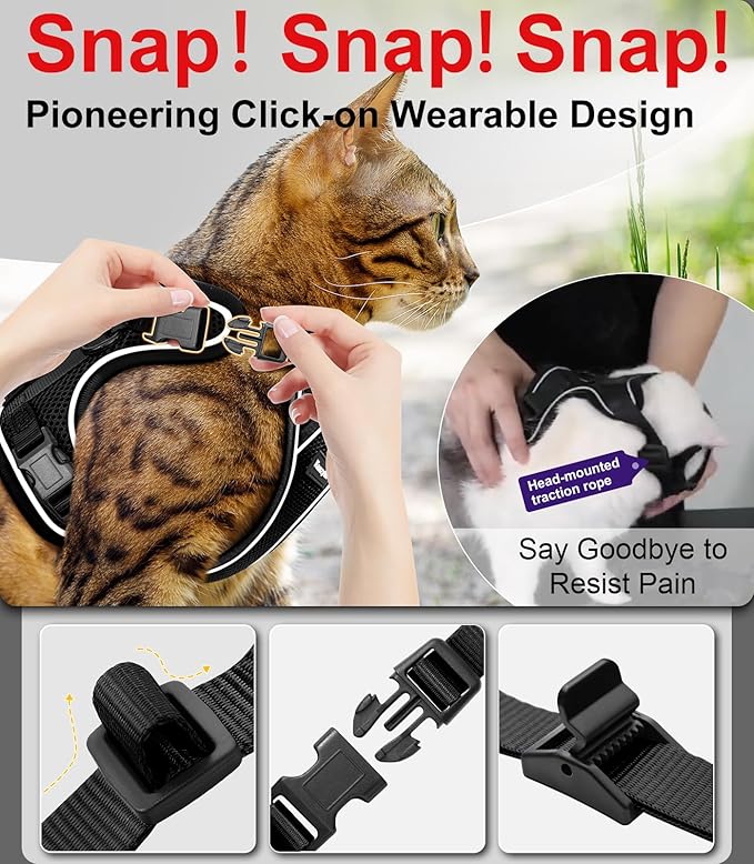 Cat Harness and Leash for Walking Escape Proof Soft Adjustable Cat Leash Breathable Comfortable Vest Easy to Wear Kitten Harness for Outdoor Travel Black XS