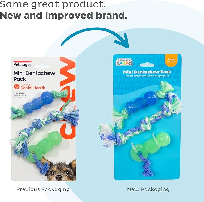 Outward Hound Pupstages Mini Dentachew Pack Dental Chew Toy, Multi-Textured, Fetch & Tug Rope, Puppies & Small Dogs, 7", 3-Pack