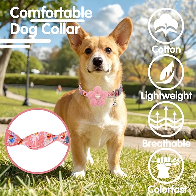 Medium Dog Collar with Flower, Dog Collars for Medium Dogs Collar for Girl Cute Dog Collar with Bell, Adjustable Length
