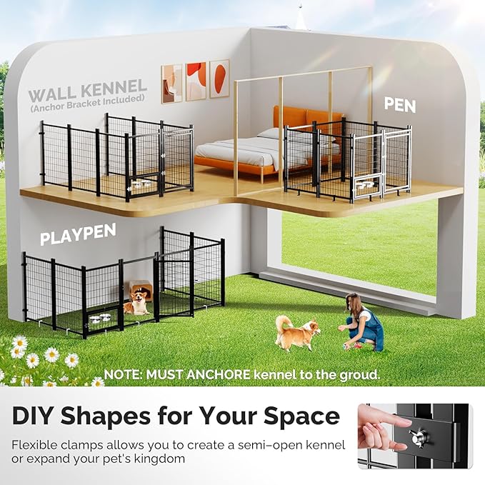 Sino Luban Outdoor Dog Kennel Outside Run with Doggy Door, Swivel Feeder&Roof - 5x5x5FT Large Dog Kennels Pens Outside for Medium/Large Dogs - Heavy Duty Cage Yard (Can Connect to Your Dog House)