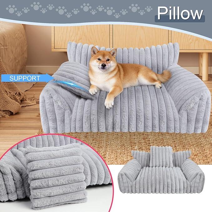 Cute Dog Cat Couch for Medium Large Dogs,Fluffy Pet Sofa Dog Couch Bed with Premium Soft Corduroy Fleece,Cute Washable Dog Bed Medium Large Size Dog,Supportive Cat Sofa Pet Bed(36x27x10,Grey)