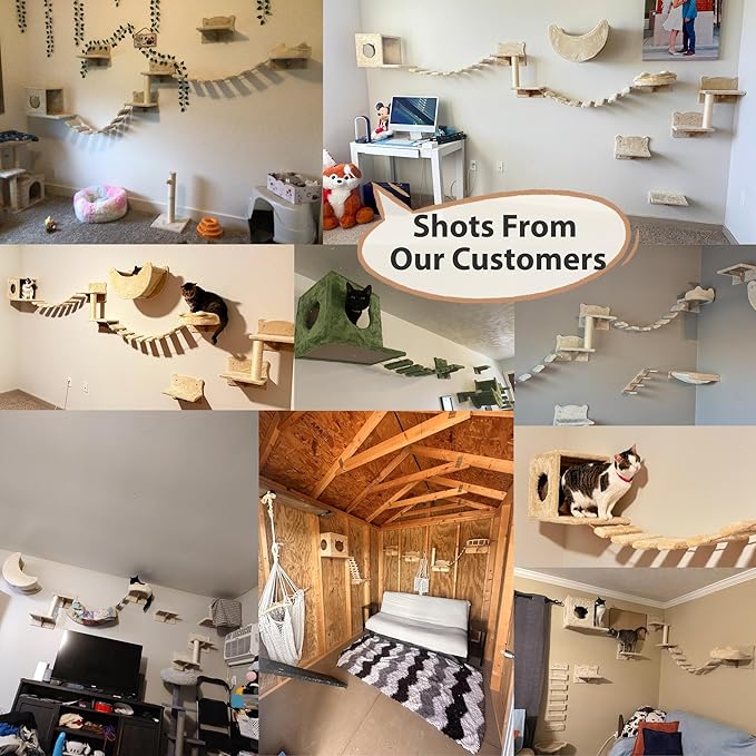 13-in-1 Cat Wall Shelves, Wall Mounted Cats Furniture Set with Plush Fabric, Cat Climbing Wall Systems, Cats Shelf with Moon Hammock, Condo, House, Step, Bridge Ladder, Scratching Post, Green