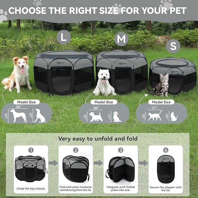 Dog Cat Playpen, Puppy Pet Playpen Indoor for Dog Crate Tent Cage Outdoor, Portable Pop Up Dogs Enclosure Kennel with Carrying Case for Dogs/Cats/Rabbits (Dark Grey, Medium)