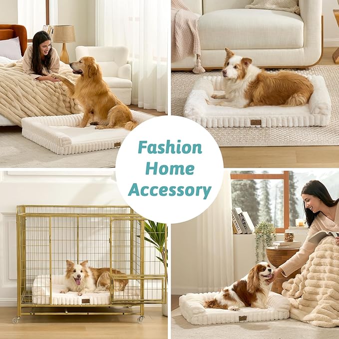 Cute Dog Bed for Large Dogs, Faux Rabbit Fur Orthopedic Foam Dog Bed with Sides, Removable Washable Cover & Waterproof Lining, Comfortable Pet Couch, Cream (44" L x 32" W x 7" Th)