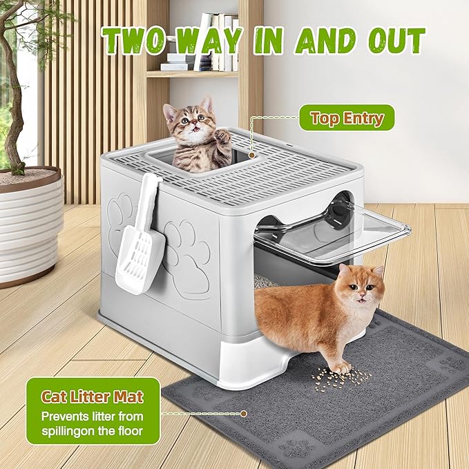 Enclosed Cat Litter Box with Lid Foldable Potty,Drawer Type Extra Large Cover Litter Box with Mat, Kitty Free in and Out/One-Way,Odor Control Anti-Splashing Easy Cleaning (Pale Grey)