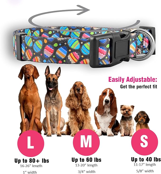 Native Pup Easter Dog Collar, Cute Spring Gift for Puppies, Pink Pastel, Eggs, Chicks, Bunny Adjustable for Small, Medium, Large Breeds (Eggs, Medium)