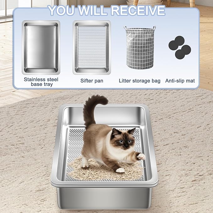 Teheao Stainless Steel Sifting Cat Litter Box for Clumping Litter, Kitty Large Metal Sifter Tray Pan with Cat Litter Bag, Low Dust, Odor Control, Easy Cleaning (17.7"*13.8"*5.9")
