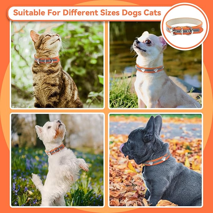 PETCARE Reflective Dog Collar with Cute Paw Rivet Studded Funny Soft PU Leather Adjustable Puppy Dog Collars for Small Medium Large Dogs Cats (Orange,Large)
