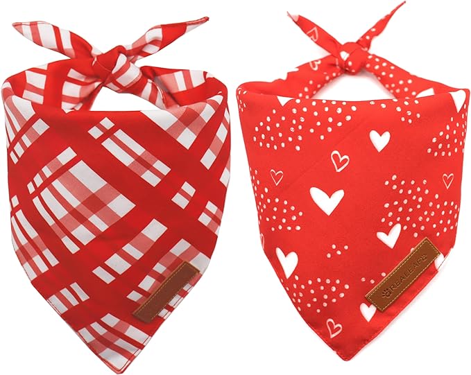 Realeaf Valentine's Day Dog Bandanas 2 Pack, Reversible Red Plaid Heart Dog Scarf for Boy and Girl, Premium Durable Fabric, Holiday Love Bandana for Large and Extra Large Dogs Pets (Small)