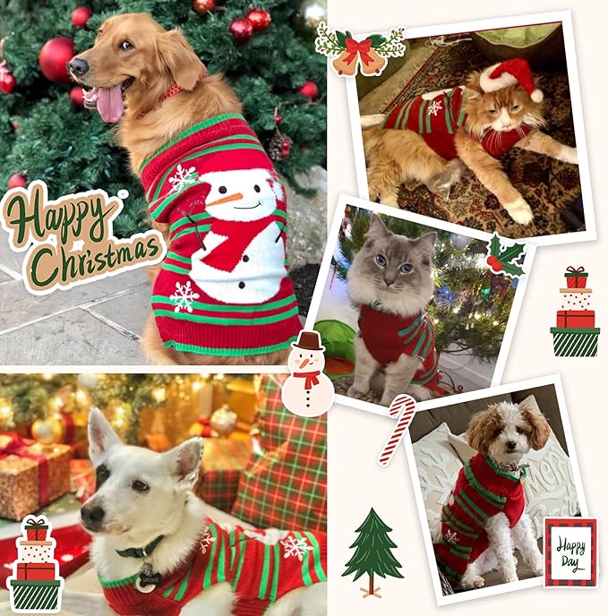 Dog Christmas Sweater Cute Snowman Puppy Cat Costume Boy Girls Xmas Holiday Pet Clothes New Year Outfits Gifts for Small Medium Large Dogs (S, Red Green Stripe Snowman)