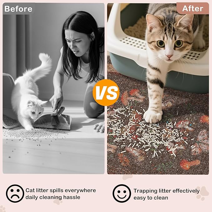 Bienbee Cat Litter Mat, 40" x 30" Jumbo Size Litter Box Mat Rug with Non-Slip Bottom, Urine and Water Proof, Easy to Clean Cat Supplies Essentials for Indoor Kitty Kitten Floor,Brown Mushrooms XL