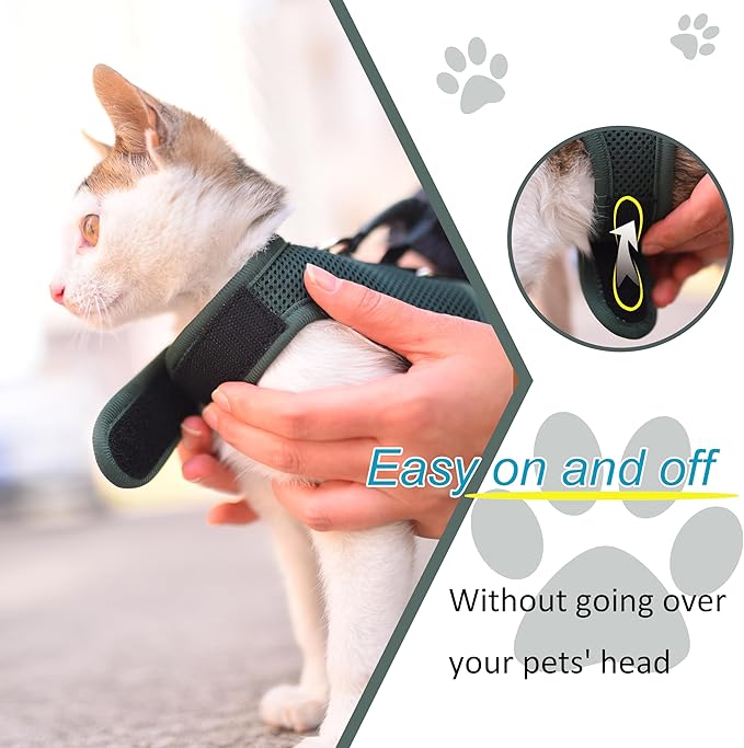 Kitty Harness and Leash for Walking Escape Proof Breathable Mesh Fabric, Solid Green, X-Small, Adjustable Cat Walking Jackets with Handle, Padded Stylish Cat Vest