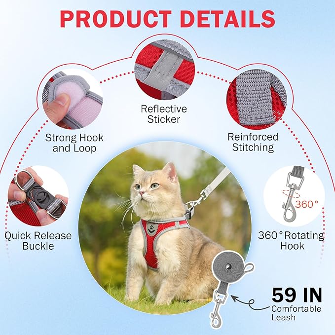 SCENEREAL Cat Harness and Leash Set Escape Proof, Adjustable Soft Air Mesh Kitten Harnesses for Girls Boys Small Medium Big Cats, Reflective Light Travel Pet Walking Vest for Puppy Rabbit, Red L