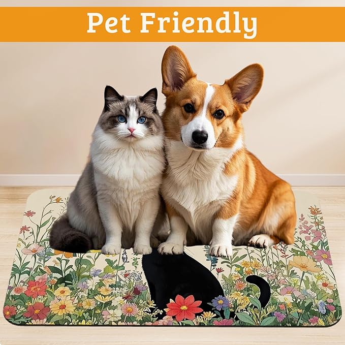 Dog Bowl Mat,Cat Black Pet Feeding Mat for Floors Waterproof,Color Flowers Absorbent Dogs Placemat for Food and Water Quick Dry Pet Cat Feeding Mats with Non Slip Bottom 16" x 24"