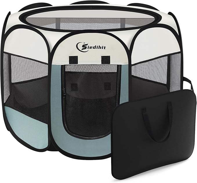 Dog Playpen, Puppy Pet Playpen, Medium Dogs Tent Crates Cage Indoor/Outdoor, Portable Pop Up Dog Kennel Playpen with Carrying Case for Dogs/Cats/Rabbits, Removable Zipper Top, Grey