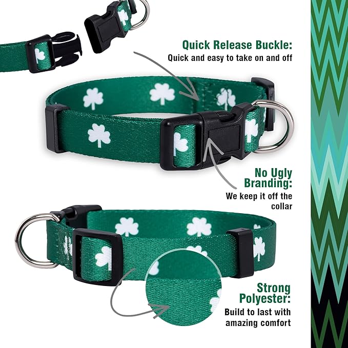 Native Pup St Patricks Dog Collar- Saint Patrick Green Shamrock Pet Collars- St. Patrick’s Lucky Irish- Cute Boy Girl Puppy Gift- Adjustable for Small, Medium, Large Breeds (Shamrock, Medium)