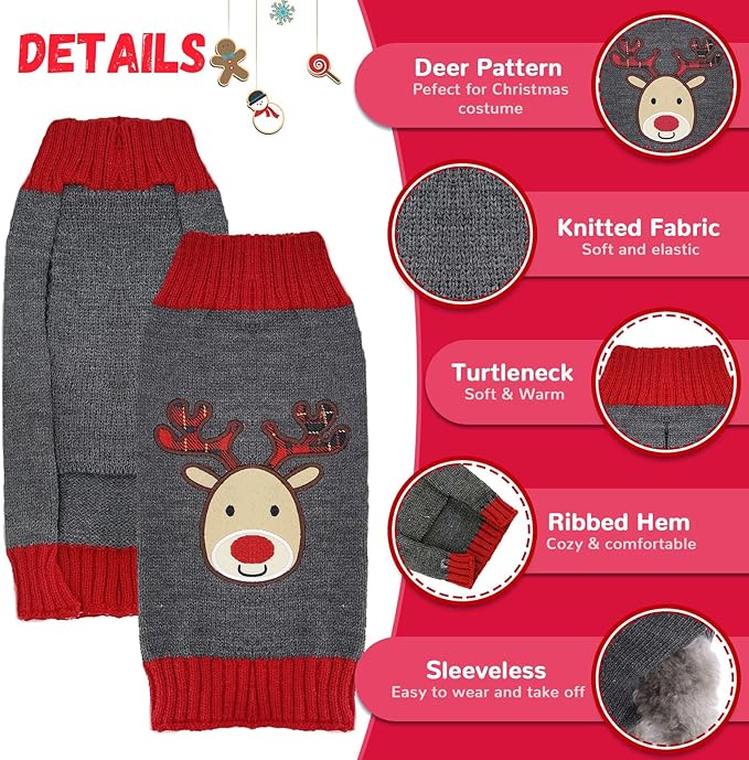 Dog Christmas Sweater Xmas Pet Clothes Cute Gray Reindeer Holiday Puppy Cat Costume New Year Gifts for Small Medium Large Dogs Jumpers (XL, Gray Reindeer)
