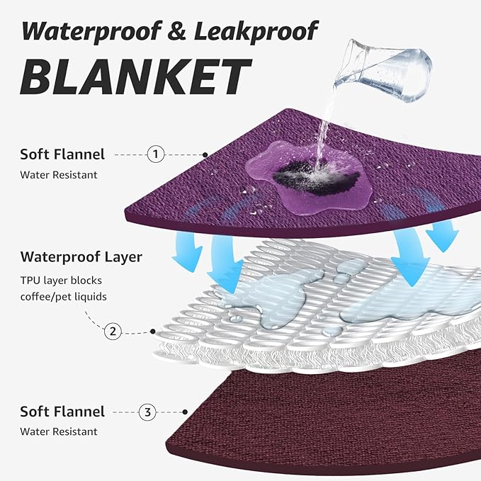 LOOBANI Waterproof Blanket for Bed: Reversible Soft Flannel King Size Bed Blanket 85" x 108", Waterproof Dog Blankets for Large Dogs, Spill-Proof Cover for Furniture Protection, Movie Time, Purple