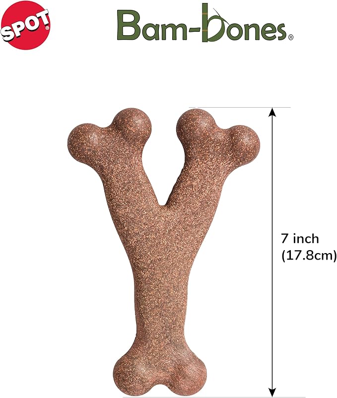 SPOT Bam-Bones Wishbone - Made with Strong Bamboo Fiber, Durable Long Lasting Dog Chew for Light to Moderate Chewers, Great Toy for Adult Dogs & Teething Puppies Under 50lbs, 7in, Bacon Flavor