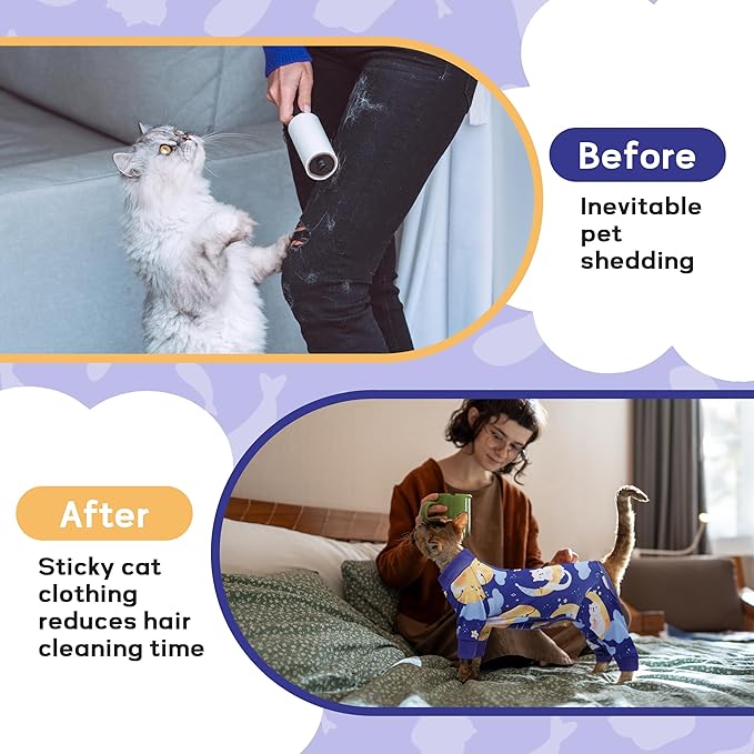 PUMYPOREITY Cat Hair Sticky Sweater, Stretchy 4-Leg Design for Fur Control, Recovery Suit - Breathable & Lightweight for Post-Surgery Protection, Cat Onsie Prevents Licking Wounds, Blue, 2XL
