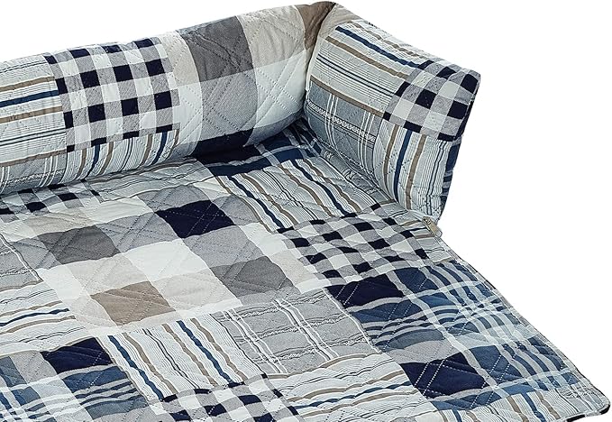 Brilliant Sunshine Quilted Calming Dog Bed Mat, Removable Washable Cover, Cushion Protector and Couch Covers for Dogs, Pets, Cats, Small, Blue Plaids and Stripes Patchwork