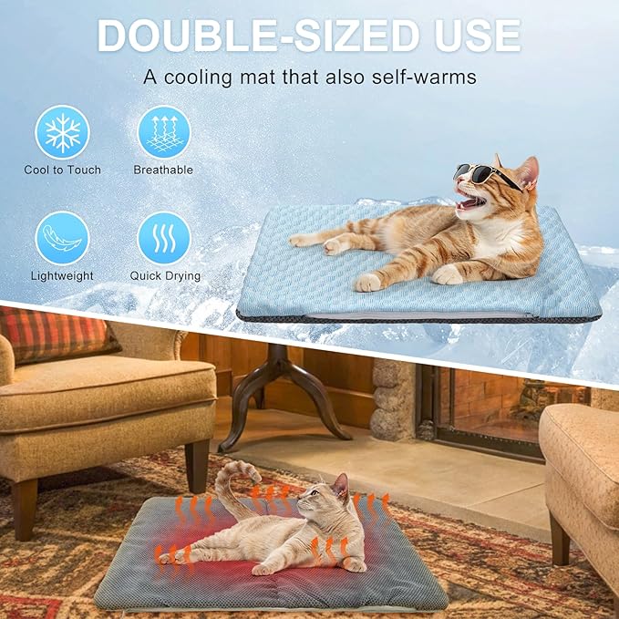 BEAUTYZOO Cooling Mat for Cats & Dogs -20" X 12" Ice Silk Cat Cooling Mat, Dual Sided Cool Pad for Crate Kennel, Indoor Kitten Cool Sleeping Bed for Summer, Arc-Chill Cool Fiber Q-MAX >0.45 Washable