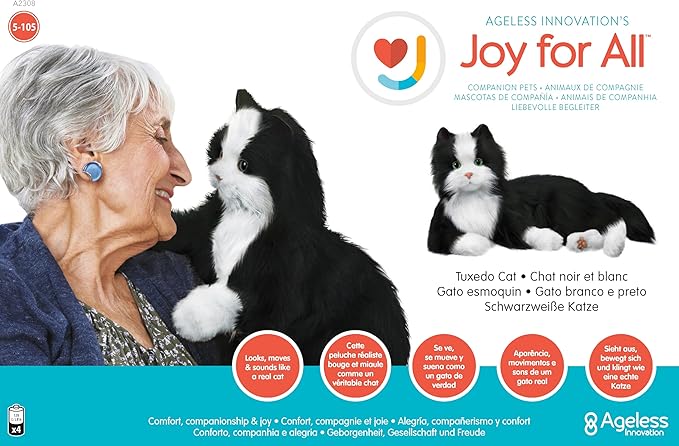 JOY FOR ALL Companion Pet for Seniors - Lifelike Animatronic Cat - Realistic Soft-Touch Fur & Purring - Therapy Stuffed Animal - Toy for Alzheimer's & Dementia - Tuxedo