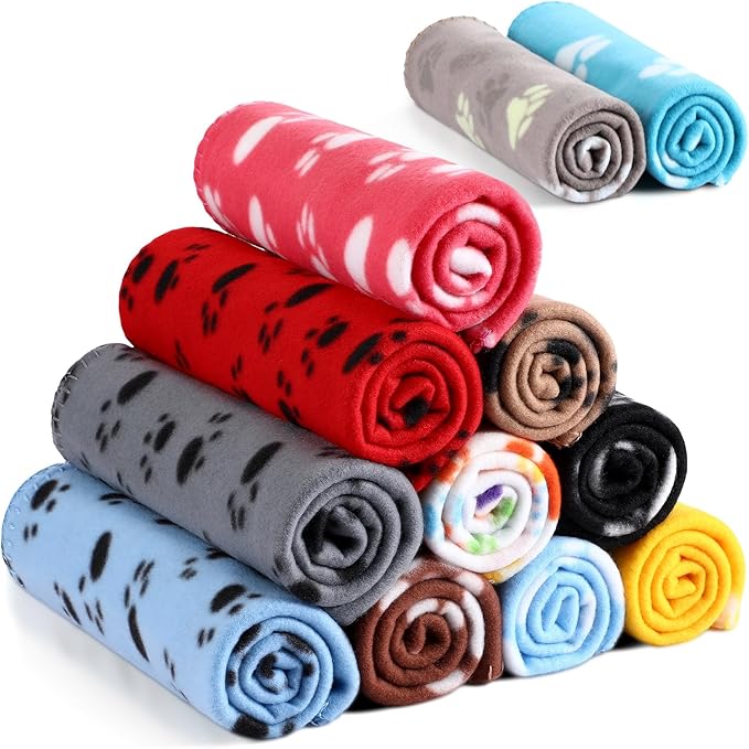 Tegeme 12 Pieces Fleece Blankets for Pets Dog Puppy Paw Print Cat Bedding Cover Blanket for Small Animals Pig Cage Liner Sleep Mat Pad Kitten Soft Warm(Cute Style,18 x 24 Inches)
