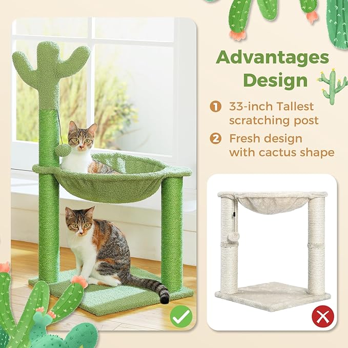 PAWZ Road Cactus Cat Tree, 33 Inchs Cat Tower with Large Soft Hammock and Fully Wrapped Sisal Scratching Post for Indoor Cats