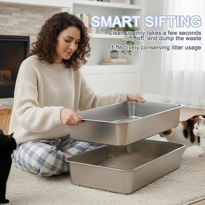 Teheao 2 Pack Stainless Steel Sifting Cat Litter Box for Clumping Litter, XL Extra Large Metal Sifter Tray Pan with Cat Litter Bag, Low Dust, Odor Control, Easy Cleaning (19.7"*13.8"*5.9")