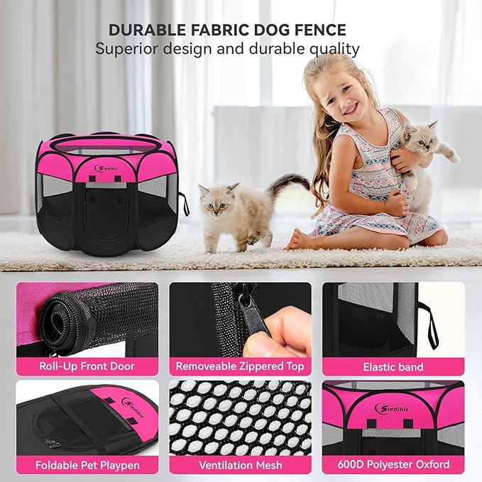 Dog Playpen, Puppy Pet Playpens Indoor for Small Dogs Tent Crates Cage Indoor/Outdoor, Portable Pop Up Dog Kennel Playpen with Carrying Case for Dogs/Cats/Rabbits, Hot Pink