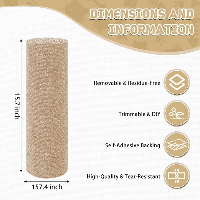 Climbing Cat Scratcher Mat Trimmable Cat Scratching Post Carpet 157.4’’x15.8’’ Self Adhesive Carpet Mat Pad Replacement for Cat Tree Shelves Post Couch Wall Furniture Steps DIY Protector (Beige)